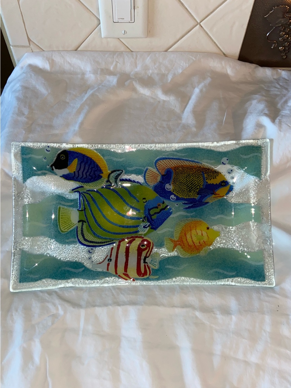 RARE Vintage Peggy Karr Fused Art Glass Tray Plate platter Tropical Fish